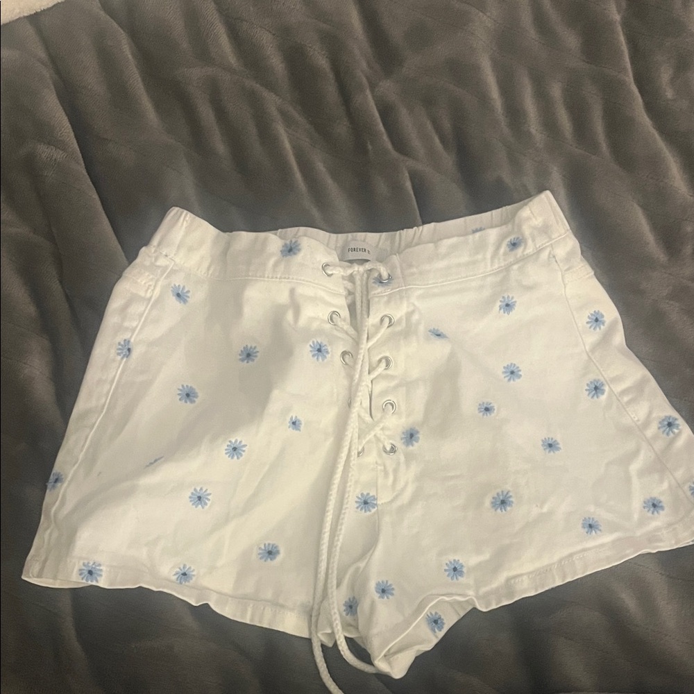 White embroidered jean Shorts cutest soft stretchy cotton adjustable tie waist